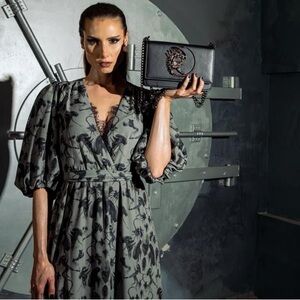 La Femme En Noir Alien grey black Xenomorph lace puff sleeve maxi dress